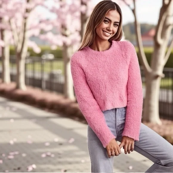 ASOS Design Crop Sweater in Fluffy Yarn - Pink Size 8 - Picture 4 of 5